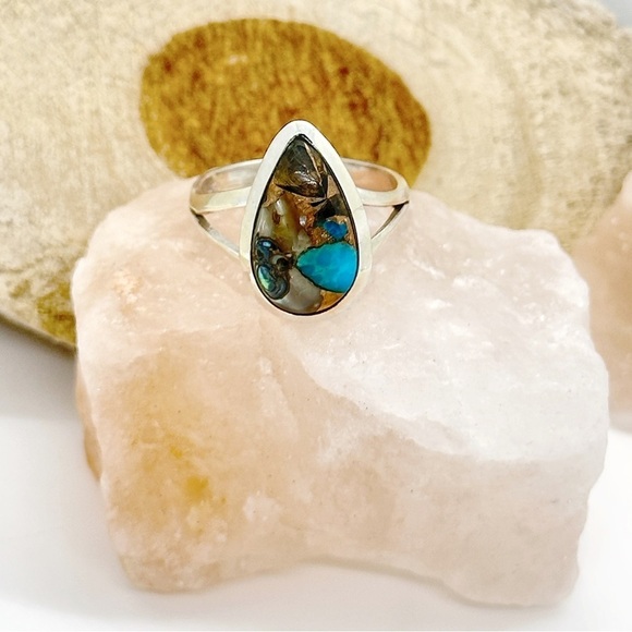 Natural Shell In Blue/Black Turquoise Solid Sterling Silver Ring - Picture 2 of 4
